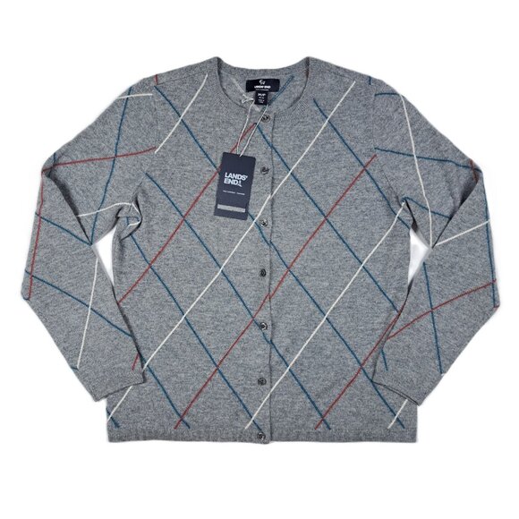 Lands End Cashmere Cardigan Sweater Womens Petite M 10-12 Button Up Argyle Gray - Picture 1 of 8